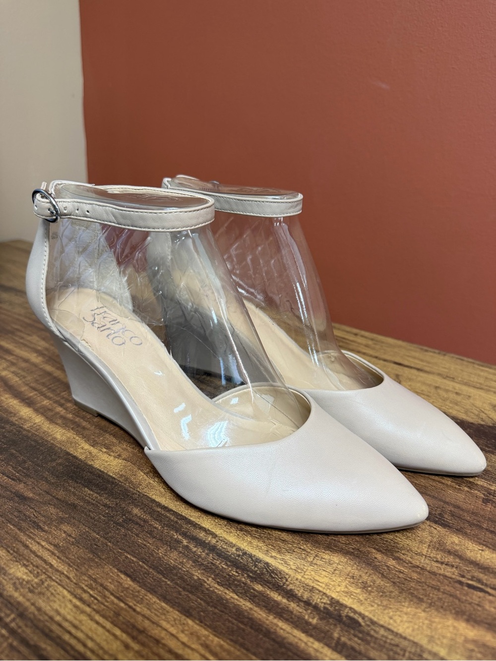 Franco Sarto “Fayth” Nude Wedge Women’s Size 7.5 Leather Ankle Strap Pointed-Toe